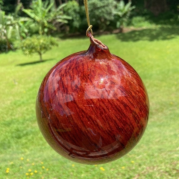 Hand Blown Red Orange Glitter Tiger Eye Medium Glass Ornament - Picture 6 of 11